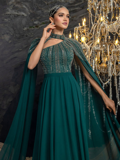 Gorgeous High Neck Chiffon Gown with Detachable Cape | Asymmetrical Cutout & Beaded Embroidery – view 6
