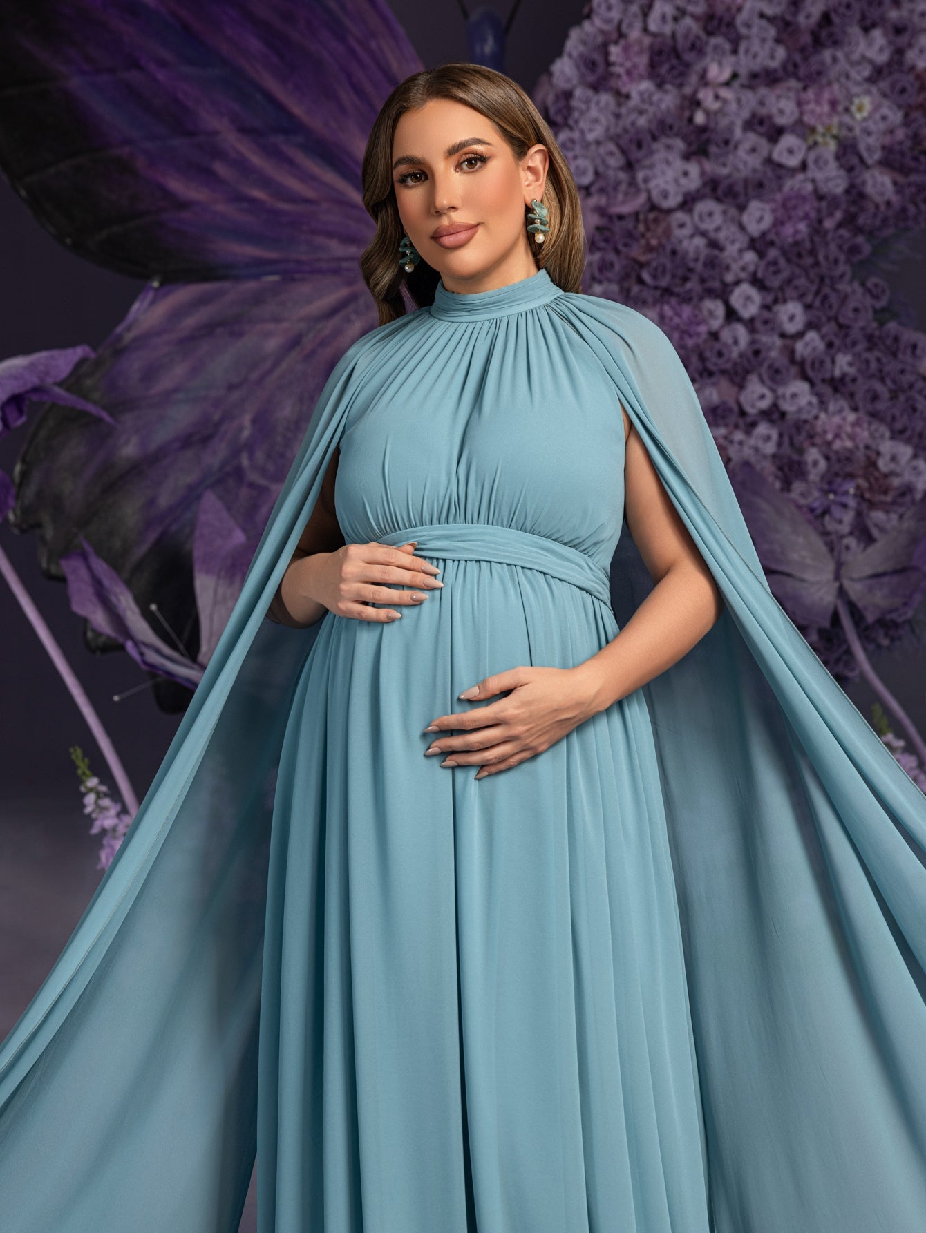 Additional product view of Cape-Sleeve Plus-Size Mock-Neck Chiffon A-Line Maternity Evening Dress