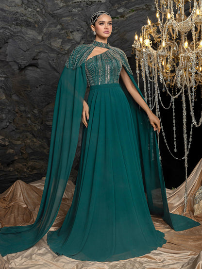 Gorgeous High Neck Chiffon Gown with Detachable Cape | Asymmetrical Cutout & Beaded Embroidery – view 5