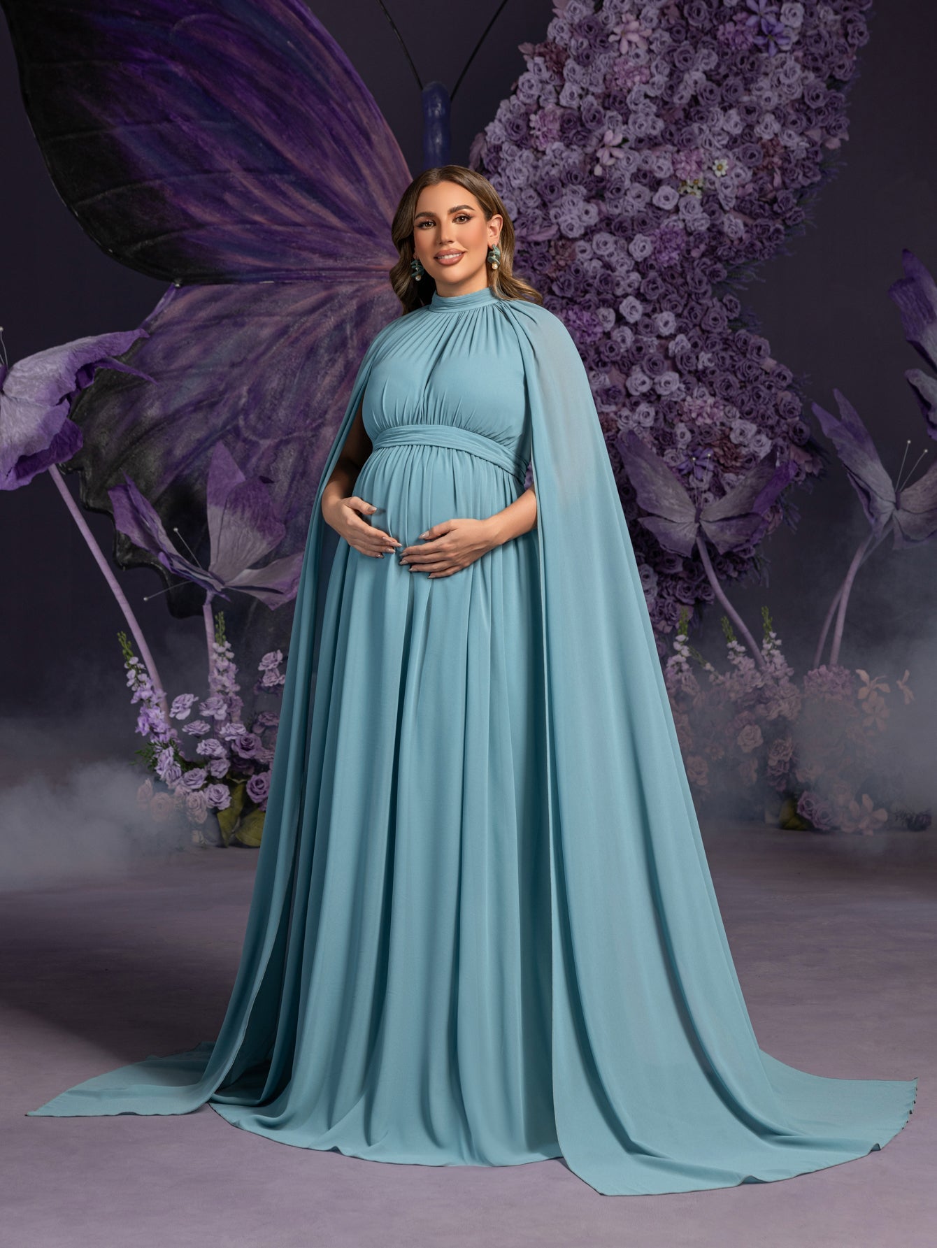 Additional product view of Cape-Sleeve Plus-Size Mock-Neck Chiffon A-Line Maternity Evening Dress