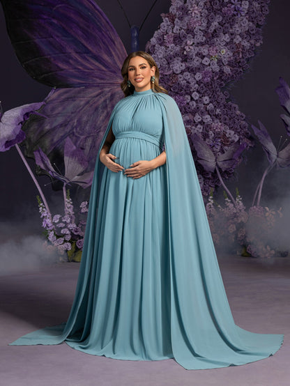 Additional product view of Cape-Sleeve Plus-Size Mock-Neck Chiffon A-Line Maternity Evening Dress