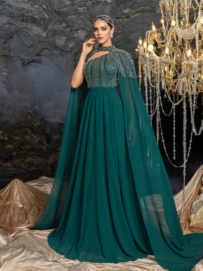 Gorgeous High Neck Chiffon Gown with Detachable Cape | Asymmetrical Cutout & Beaded Embroidery – view 7