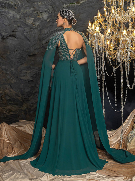 Gorgeous High Neck Chiffon Gown with Detachable Cape | Asymmetrical Cutout & Beaded Embroidery – view 2