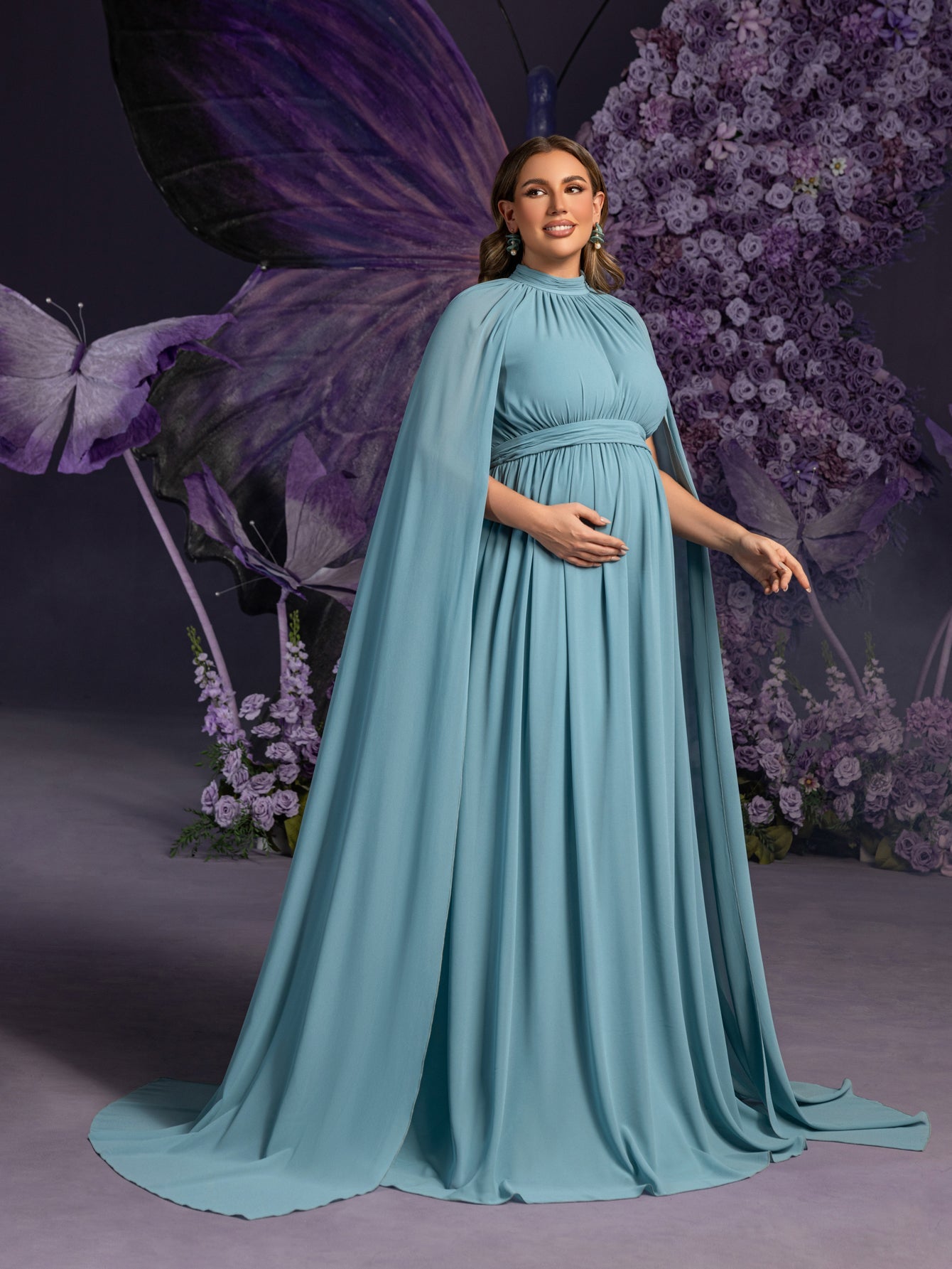 Additional product view of Cape-Sleeve Plus-Size Mock-Neck Chiffon A-Line Maternity Evening Dress