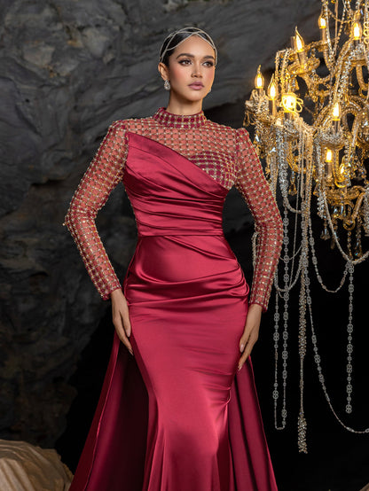 Elegant Beaded Sheer Long Sleeve Gown | High Neck & Satin Mermaid Skirt