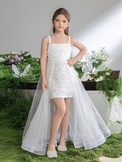 Alternate view of Mesh Overlay Cami Strap Appliqué A-Line Sleeveless Tween Girls' Party Dress in White