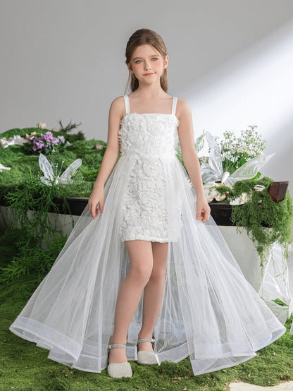 Mesh Overlay Cami Strap Appliqué A-Line Sleeveless Tween Girls' Party Dress
