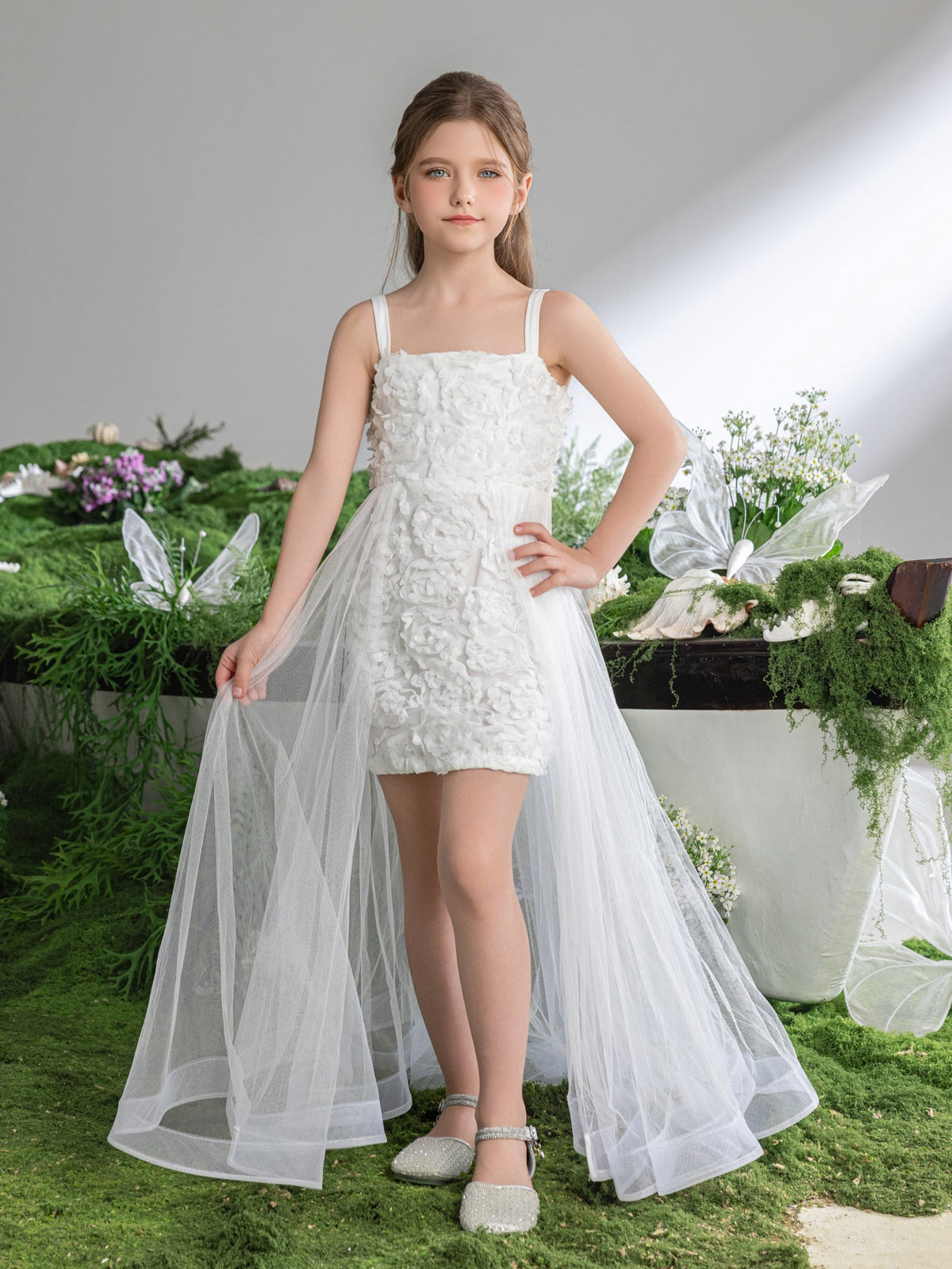 Additional product view of Mesh Overlay Cami Strap Appliqué A-Line Sleeveless Tween Girls' Party Dress
