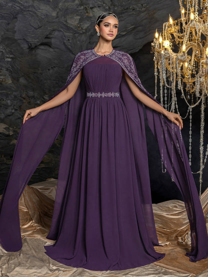 Gorgeous Two-Piece Chiffon Evening Dress | Rhinestone Cape Sleeves & A-Line Skirt with Cathedral Train – view 6