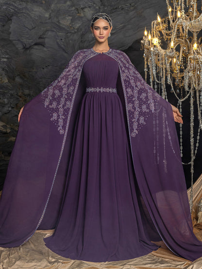 Gorgeous Two-Piece Chiffon Evening Dress | Rhinestone Cape Sleeves & A-Line Skirt with Cathedral Train – view 3