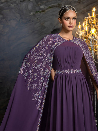 Gorgeous Two-Piece Chiffon Evening Dress | Rhinestone Cape Sleeves & A-Line Skirt with Cathedral Train – view 7