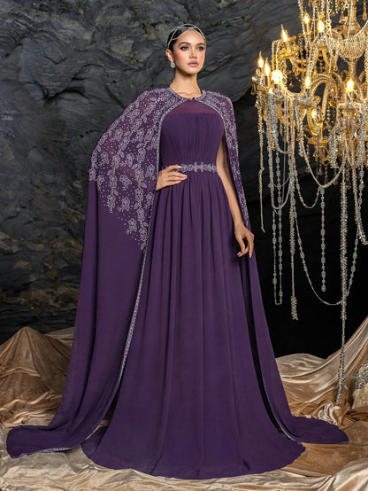 Gorgeous Two-Piece Chiffon Evening Dress | Rhinestone Cape Sleeves & A-Line Skirt with Cathedral Train – view 4