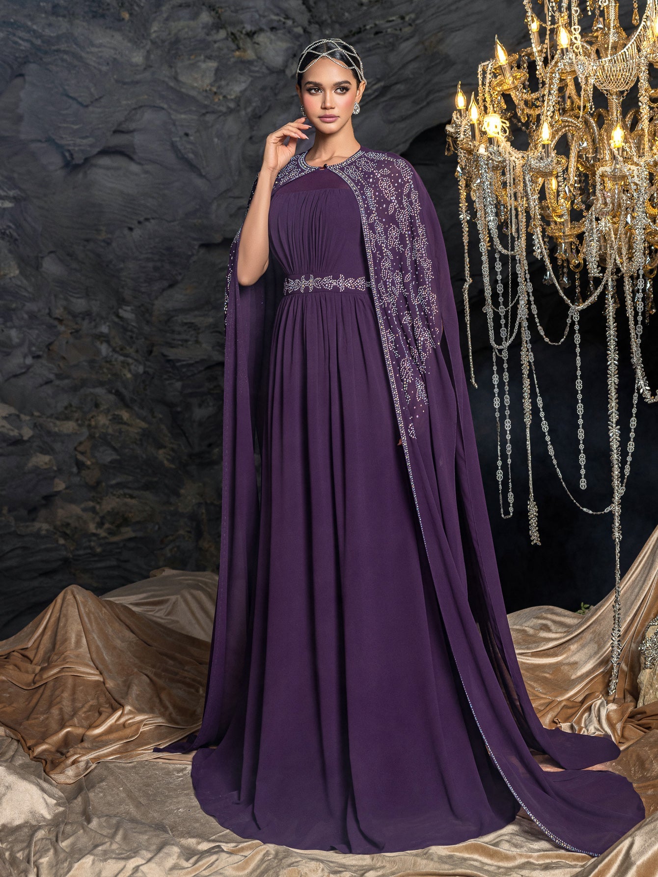 Gorgeous Two-Piece Chiffon Evening Dress | Rhinestone Cape Sleeves & A-Line Skirt with Cathedral Train – view 5