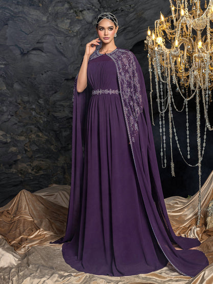 Gorgeous Two-Piece Chiffon Evening Dress | Rhinestone Cape Sleeves & A-Line Skirt with Cathedral Train – view 5