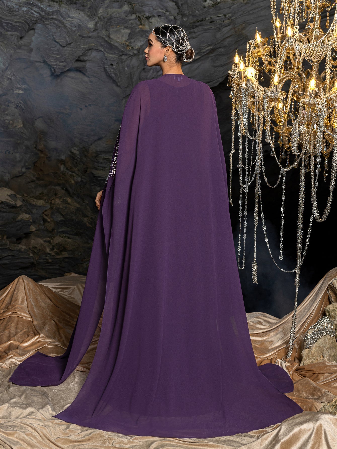 Gorgeous Two-Piece Chiffon Evening Dress | Rhinestone Cape Sleeves & A-Line Skirt with Cathedral Train – view 2