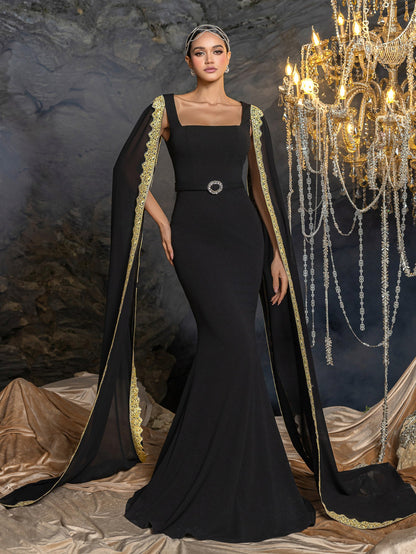 Elegant Mermaid Evening Gown with Square Neckline, Transparent Cape & Belted Waist, Golden Embroidered Edges – view 3
