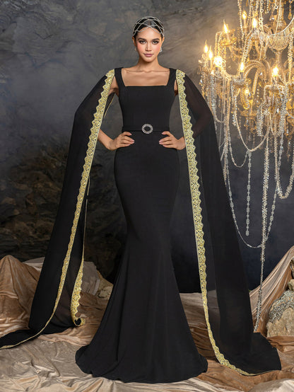 Elegant Mermaid Evening Gown with Square Neckline, Transparent Cape & Belted Waist, Golden Embroidered Edges – view 4