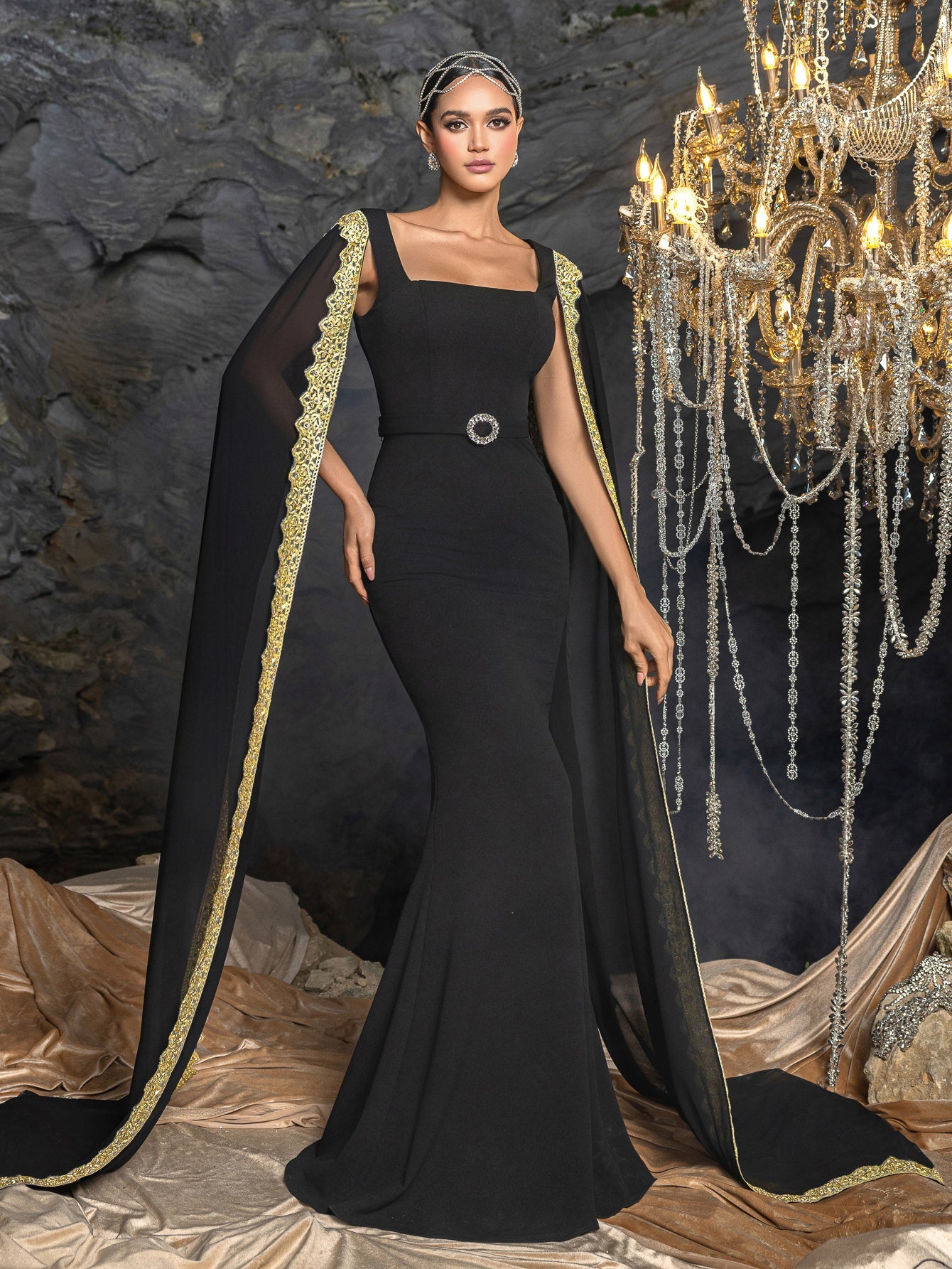 Elegant Mermaid Evening Gown with Square Neckline, Transparent Cape & Belted Waist, Golden Embroidered Edges – view 6