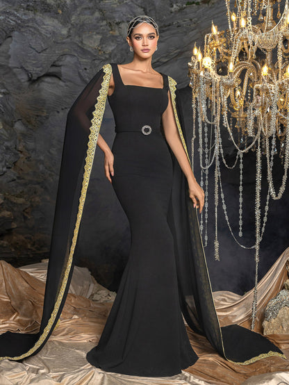 Elegant Mermaid Evening Gown with Square Neckline, Transparent Cape & Belted Waist, Golden Embroidered Edges – view 6