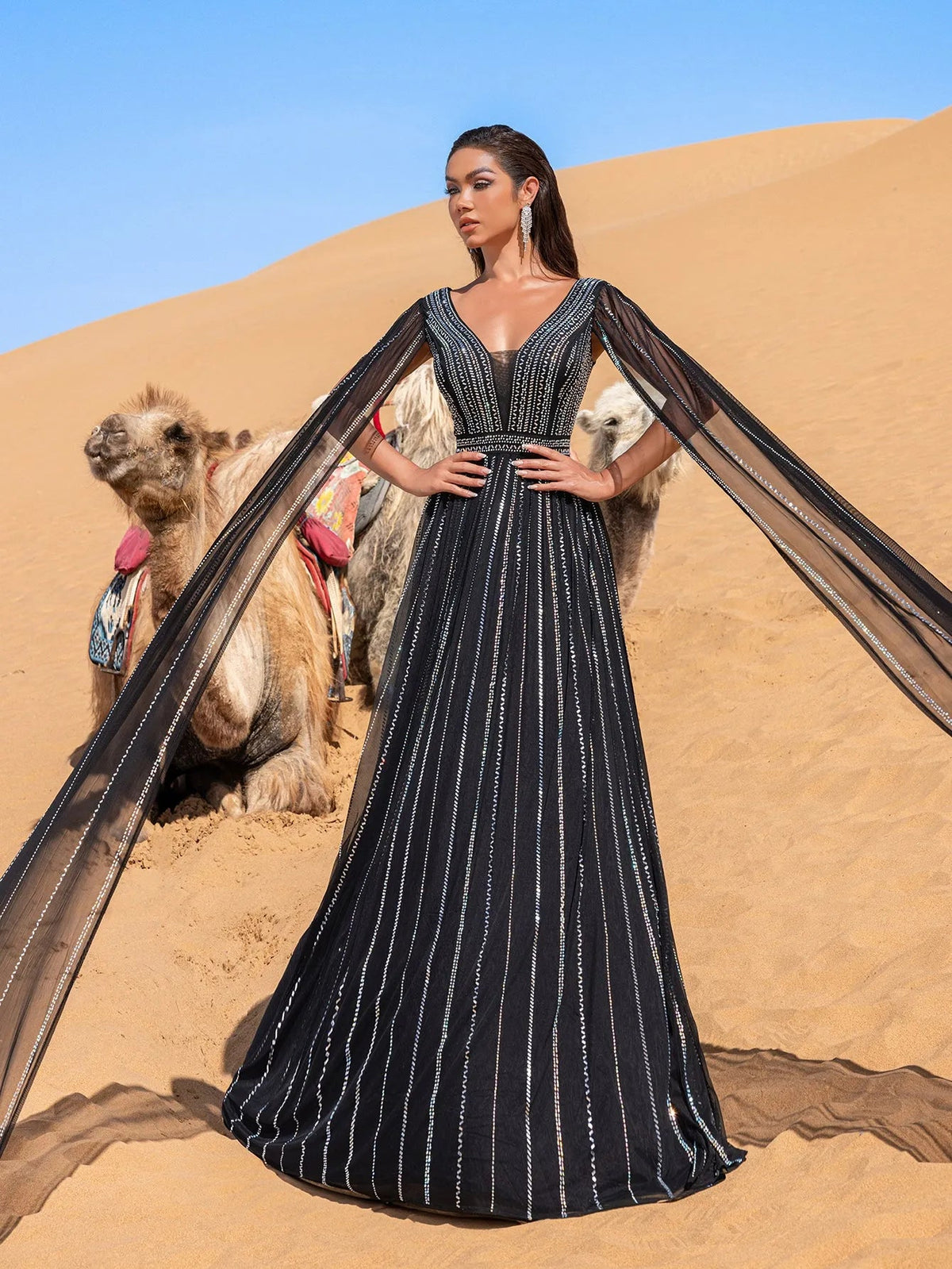 Luxury Gorgeous Rhinestone Detail Plunging Neck Cape Sleeves Formal Prom Dress – view 4
