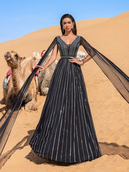 Luxury Gorgeous Rhinestone Detail Plunging Neck Cape Sleeves Formal Prom Dress – view 5
