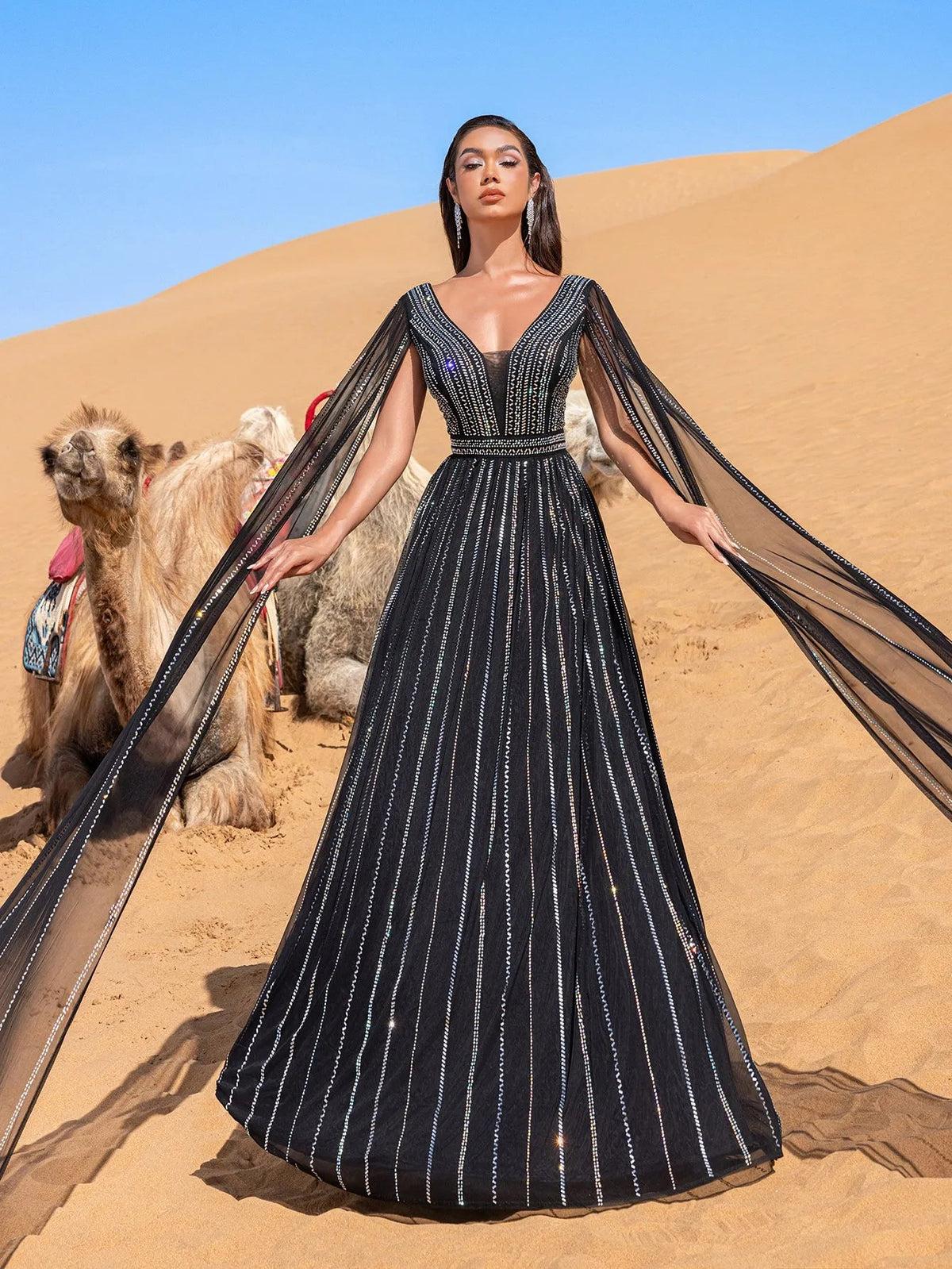 Luxury Gorgeous Rhinestone Detail Plunging Neck Cape Sleeves Formal Prom Dress – view 6