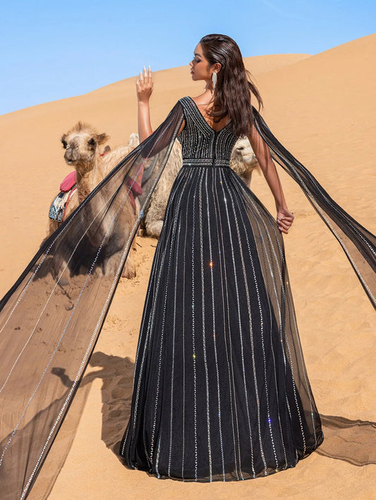Luxury Gorgeous Rhinestone Detail Plunging Neck Cape Sleeves Formal Prom Dress – view 2