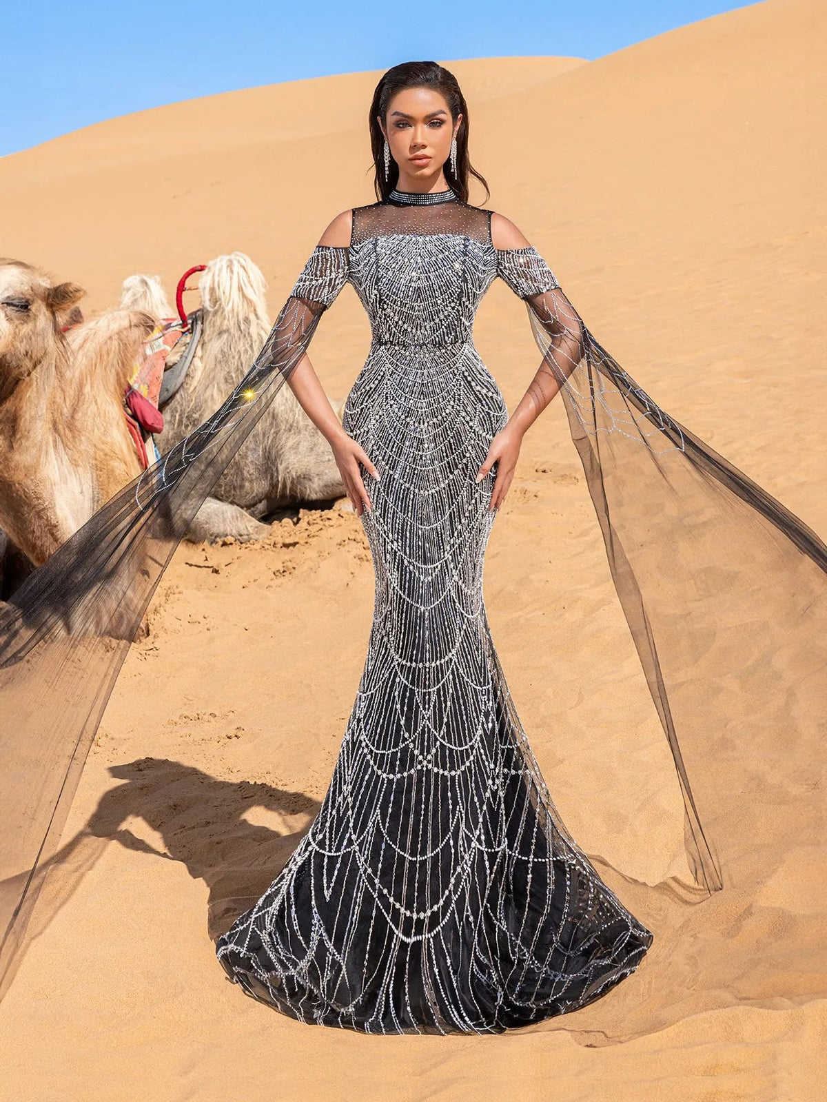 Luxury Gorgeous Rhinestone Detail Cape Sleeves Mermaid Hem Beaded Seuqin Evening Dress – view 8