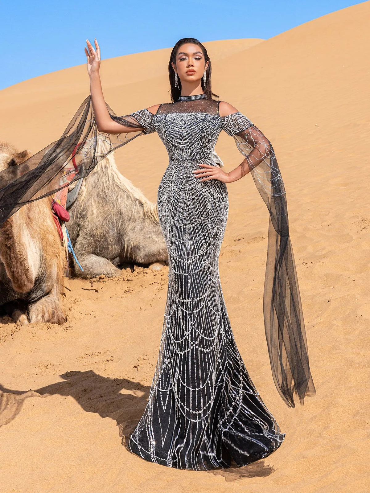 Luxury Gorgeous Rhinestone Detail Cape Sleeves Mermaid Hem Beaded Seuqin Evening Dress – view 11