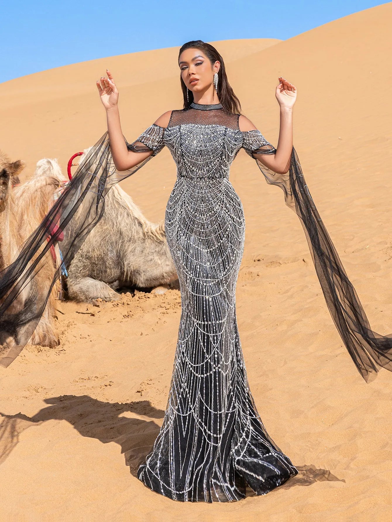 Luxury Gorgeous Rhinestone Detail Cape Sleeves Mermaid Hem Beaded Seuqin Evening Dress – view 12