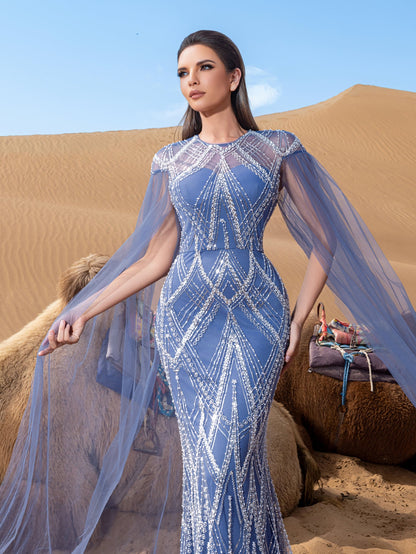 Luxury Gorgeous Sheer Cloak Sleeves Mermaid Hem Beaded Evening Dress – view 15