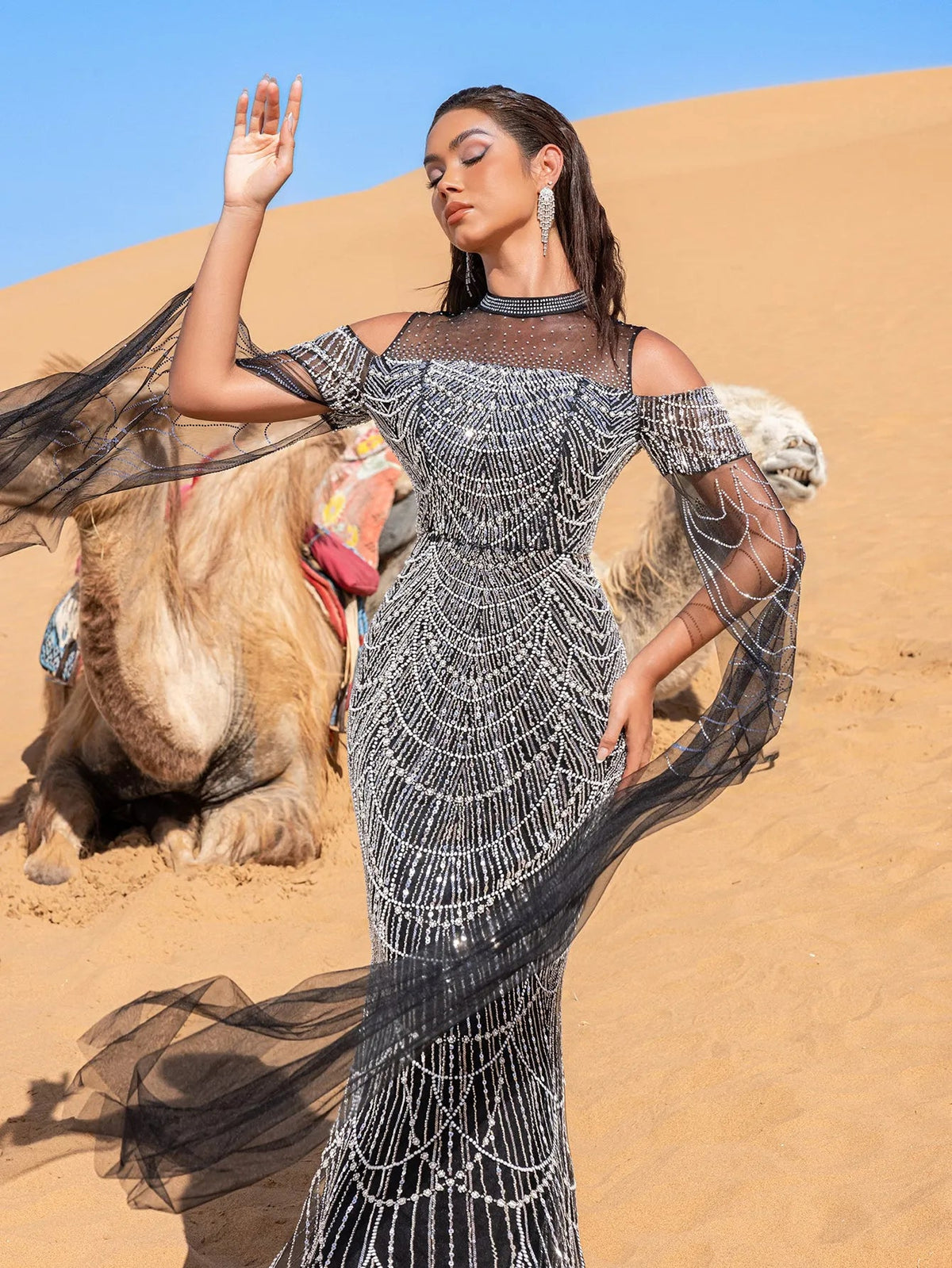Luxury Gorgeous Rhinestone Detail Cape Sleeves Mermaid Hem Beaded Seuqin Evening Dress – view 13