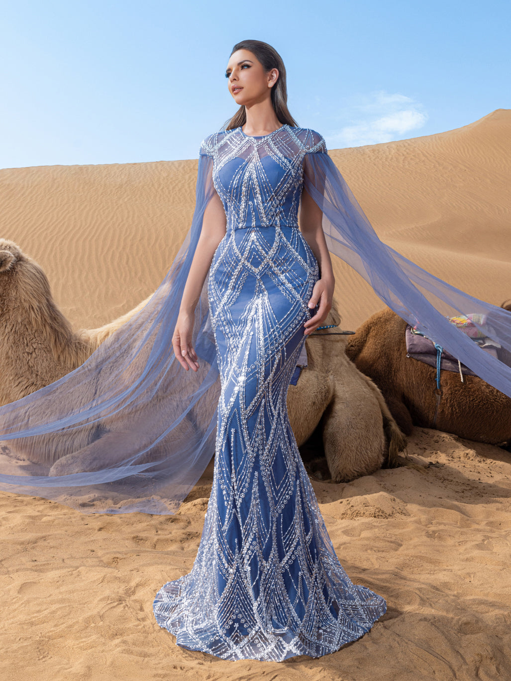 Luxury Gorgeous Sheer Cloak Sleeves Mermaid Hem Beaded Evening Dress – view 13