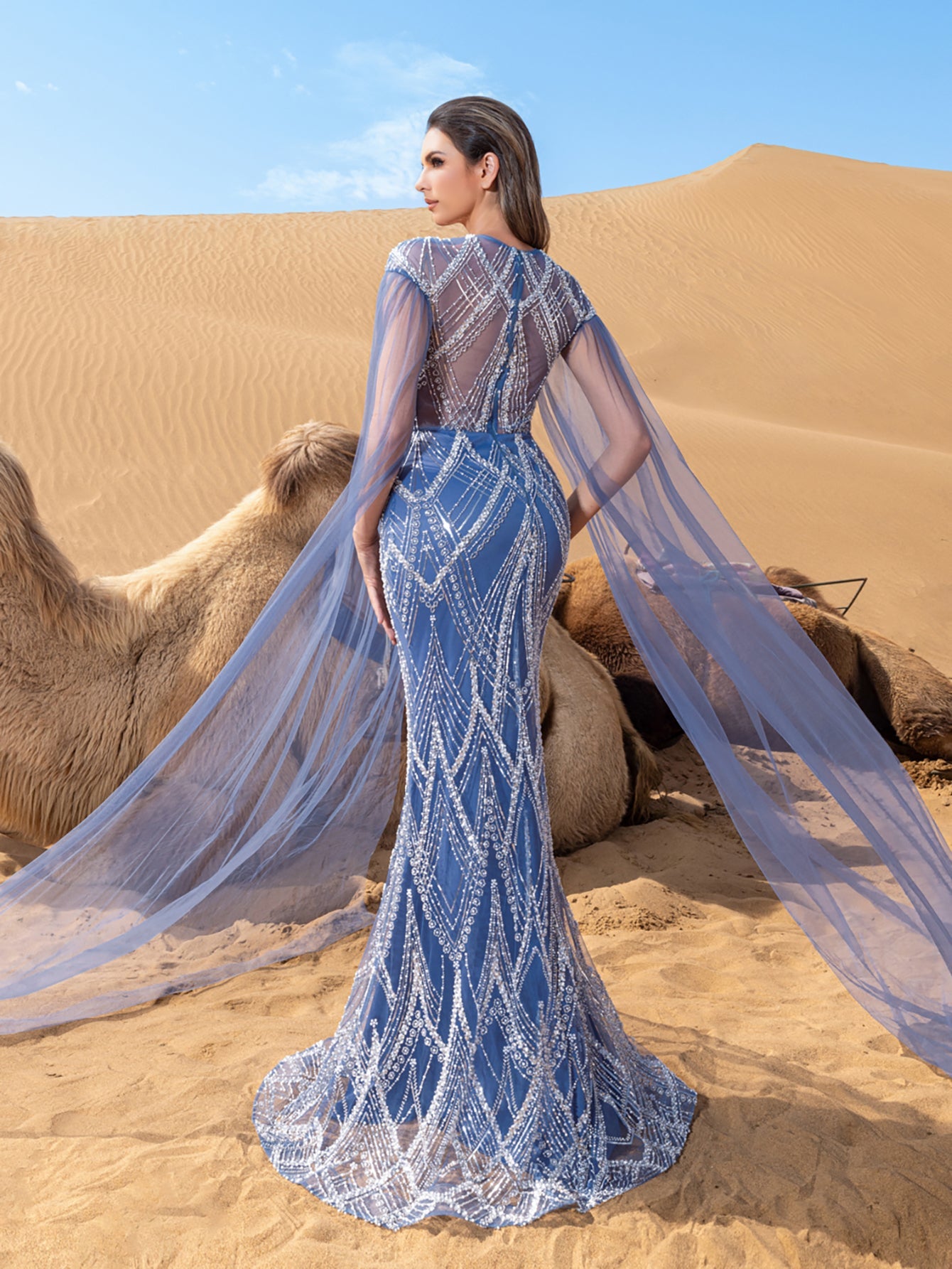 Luxury Gorgeous Sheer Cloak Sleeves Mermaid Hem Beaded Evening Dress – view 10