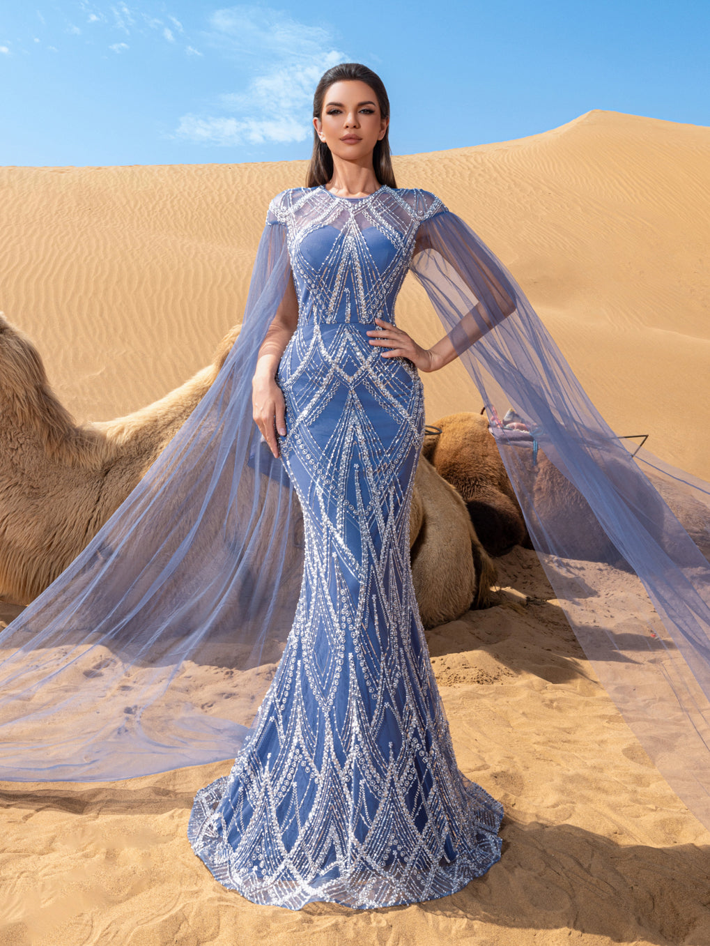 Luxury Gorgeous Sheer Cloak Sleeves Mermaid Hem Beaded Evening Dress – view 11