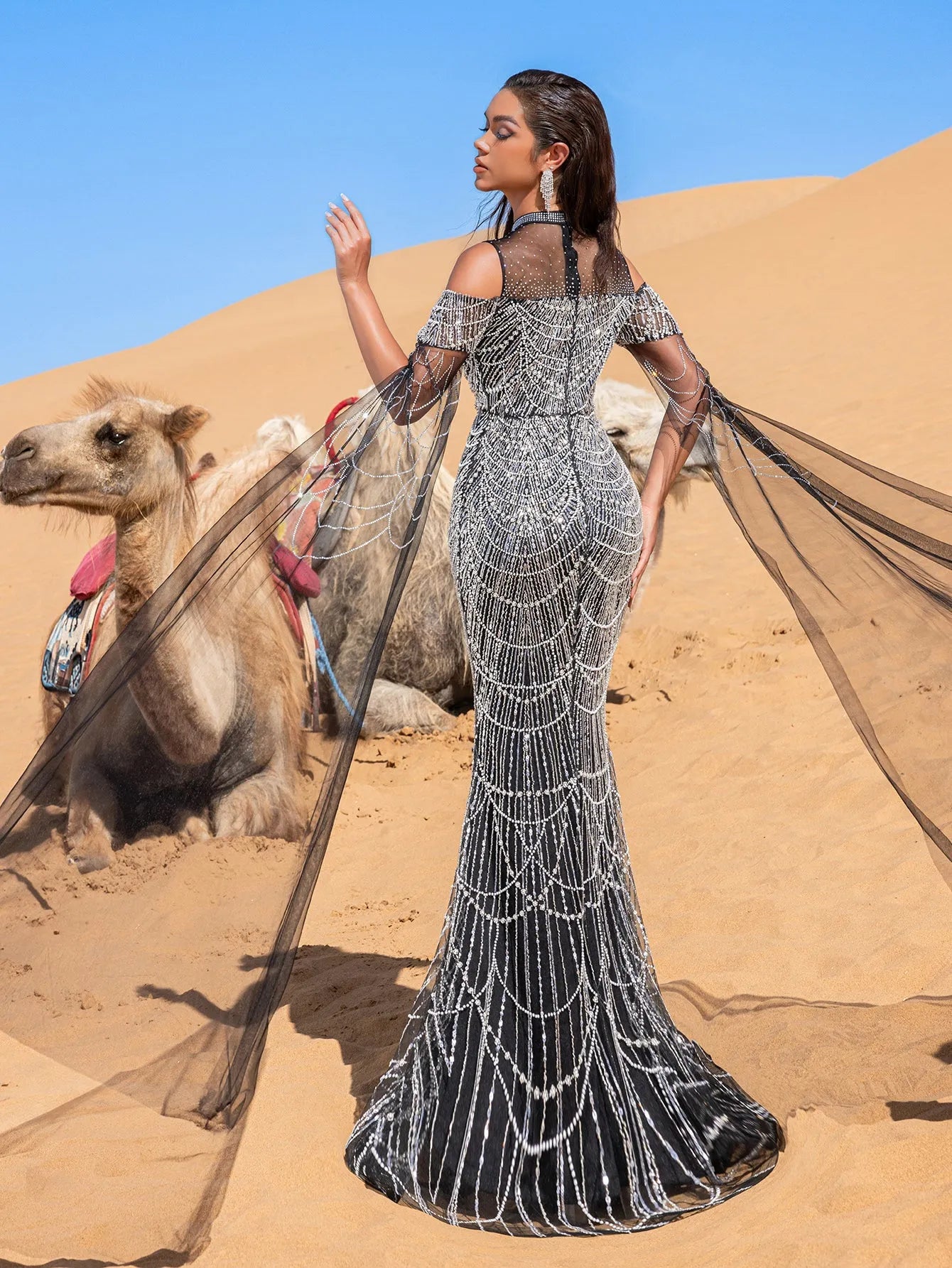 Luxury Gorgeous Rhinestone Detail Cape Sleeves Mermaid Hem Beaded Seuqin Evening Dress – view 9