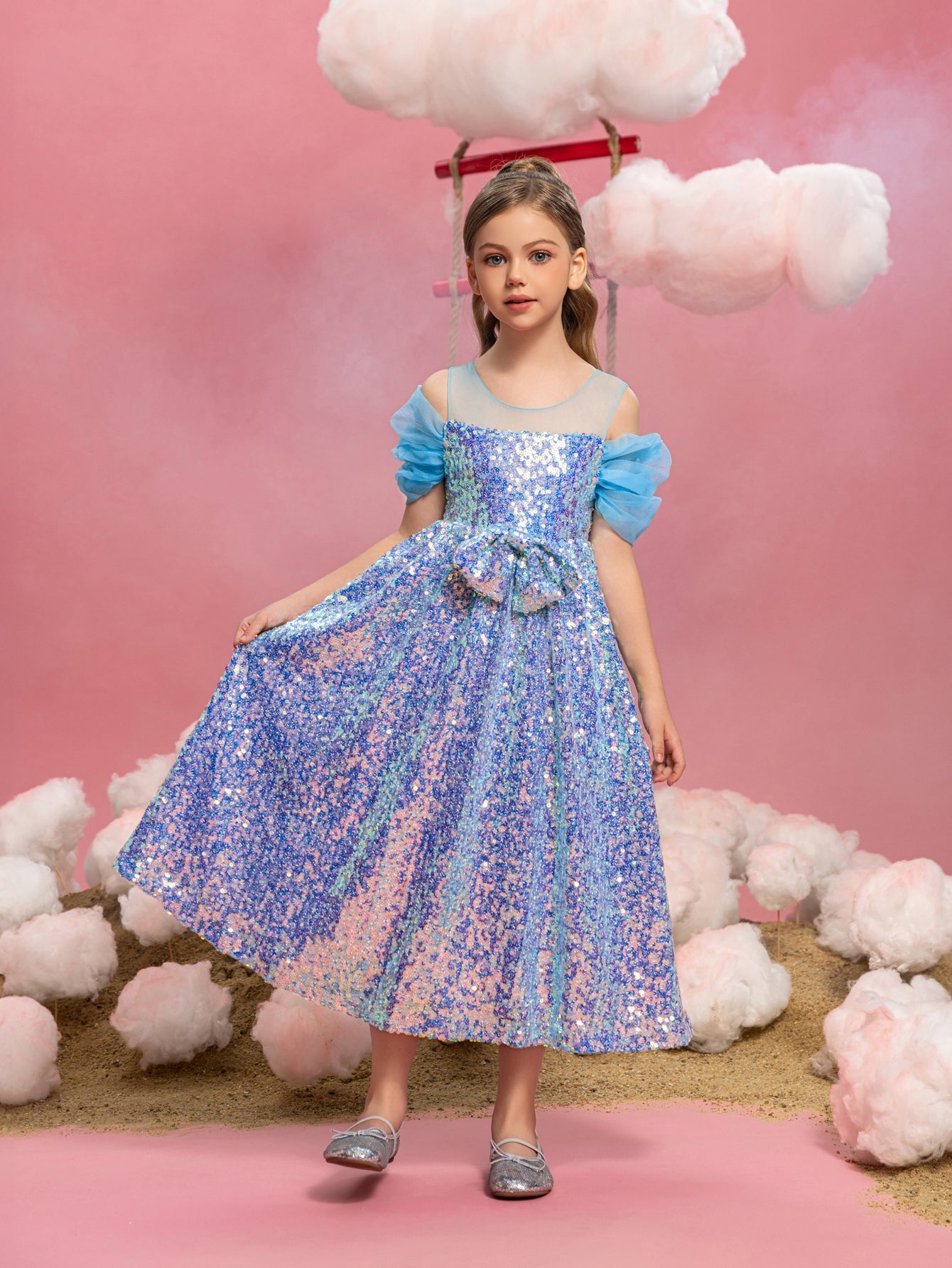 Tween Girls' Round Neck Sequin Bow Puff-Sleeve A-Line Formal Gown — authorized product image 4