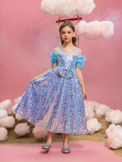 Tween Girls' Round Neck Sequin Bow Puff-Sleeve A-Line Formal Gown — authorized product image 4
