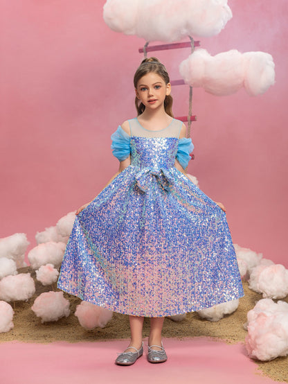 Tween Girls' Round Neck Sequin Bow Puff-Sleeve A-Line Formal Gown — authorized product image 3