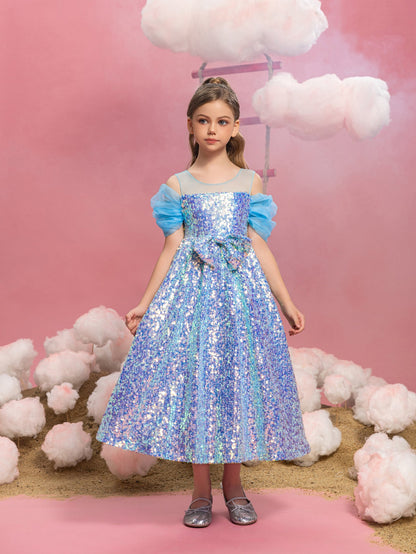 Tween Girls' Round Neck Sequin Bow Puff-Sleeve A-Line Formal Gown — authorized product image 1