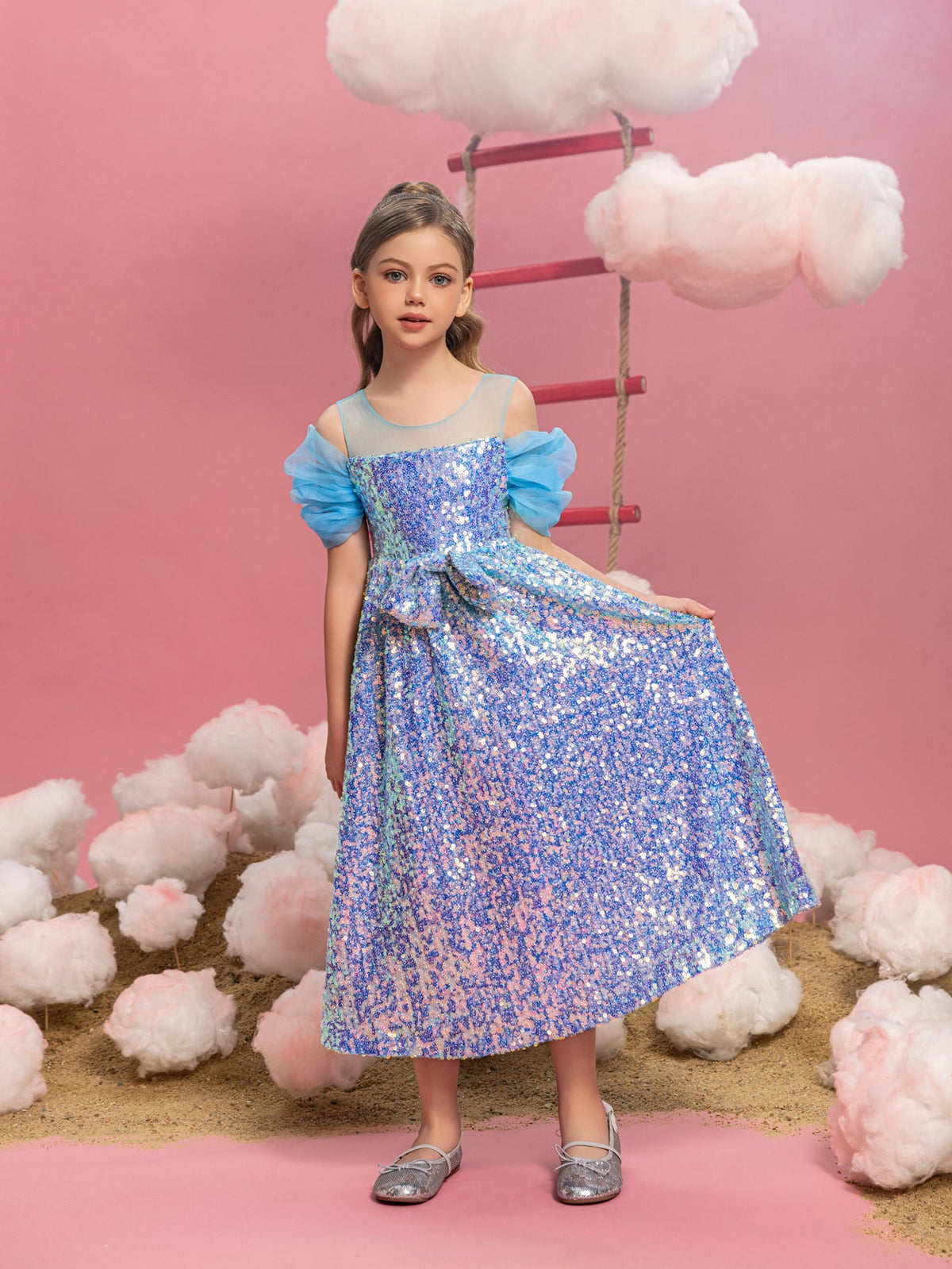Tween Girls' Round Neck Sequin Bow Puff-Sleeve A-Line Formal Gown — authorized product image 5