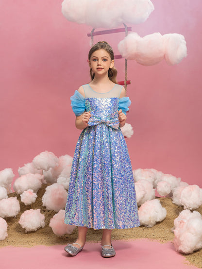 Tween Girls' Round Neck Sequin Bow Puff-Sleeve A-Line Formal Gown — authorized product image 6