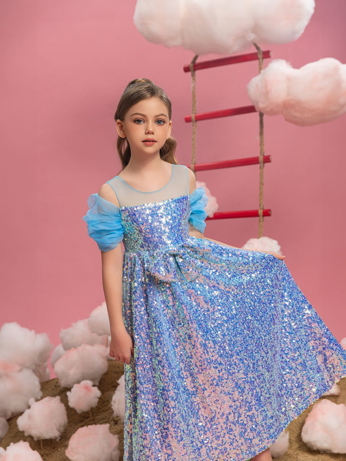 Tween Girls' Round Neck Sequin Bow Puff-Sleeve A-Line Formal Gown — authorized product image 7