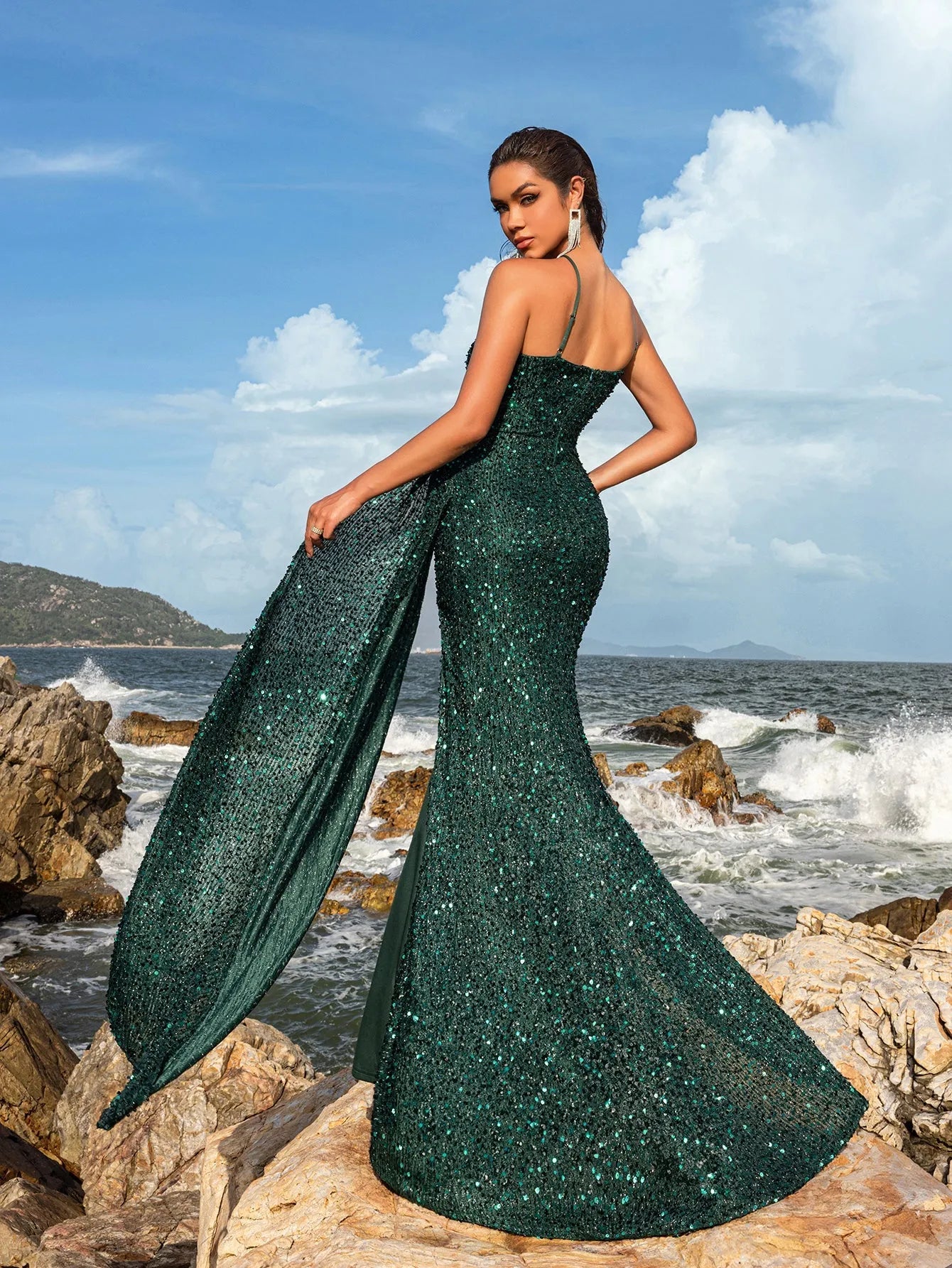 Additional product view of Asymmetrical Spaghetti Strap Sequin Mermaid Sleeveless Evening Gown