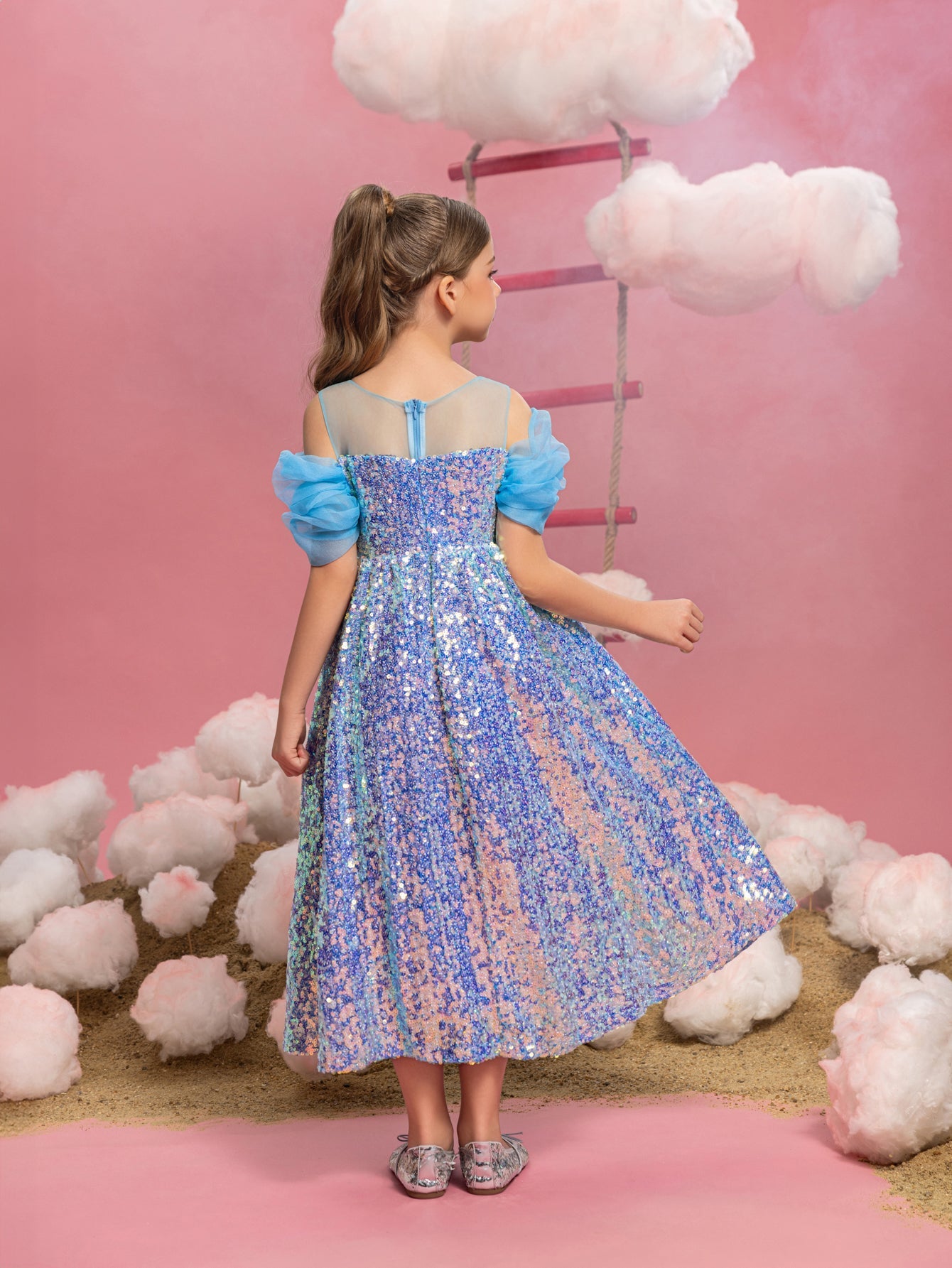 Tween Girls' Round Neck Sequin Bow Puff-Sleeve A-Line Formal Gown — authorized product image 2