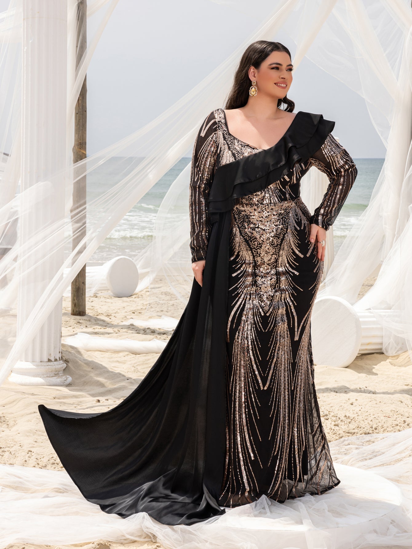 Plus Asymmetrical Ruffle Trim Mermaid Hem Graphic Sequin Formal Dress Evening Dress