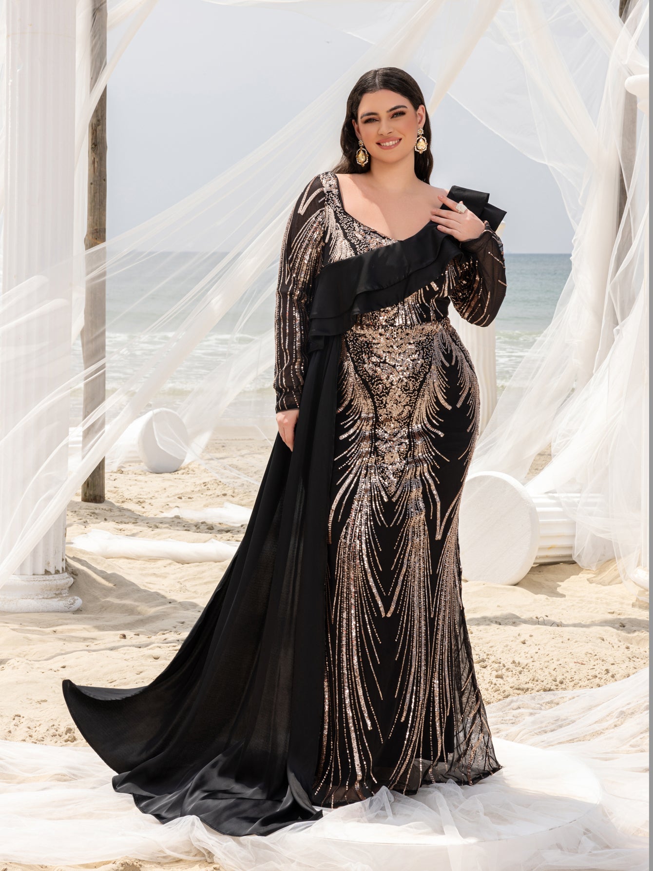 Plus Asymmetrical Ruffle Trim Mermaid Hem Graphic Sequin Formal Dress Evening Dress
