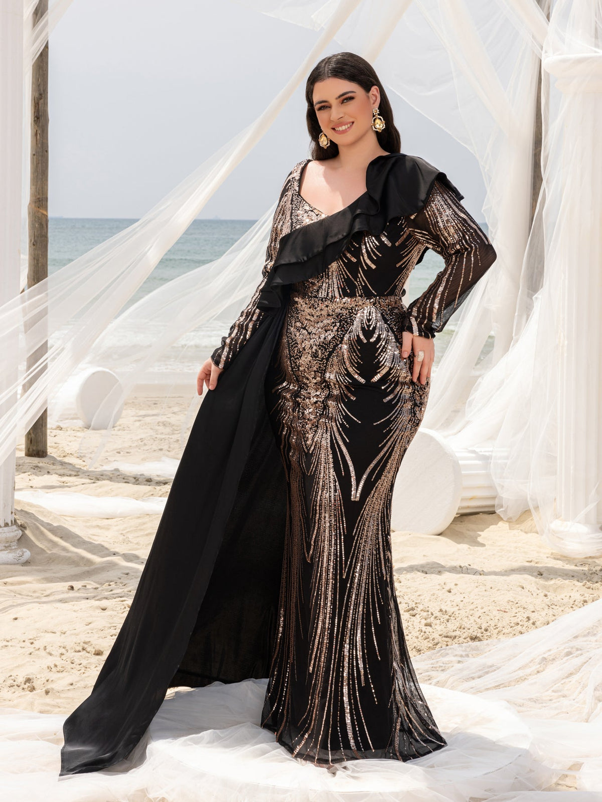 Plus Asymmetrical Ruffle Trim Mermaid Hem Graphic Sequin Formal Dress Evening Dress