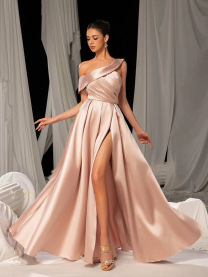 Elegant Sloping Neck Split A-line Satin Formal Prom Dress – view 4