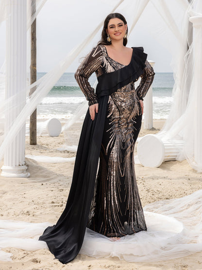 Plus Asymmetrical Ruffle Trim Mermaid Hem Graphic Sequin Formal Dress Evening Dress